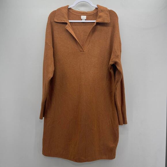 A New Day Light Tan Brown Rust V-Neck Collared Sweater‎ Dress - Picture 1 of 7